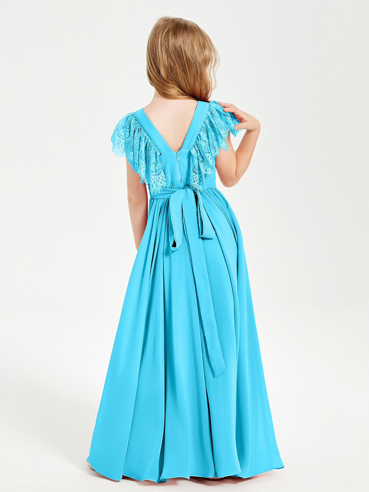 Chiffon Junior Bridesmaid Dresses with Lace Flutter Sleeves Pool